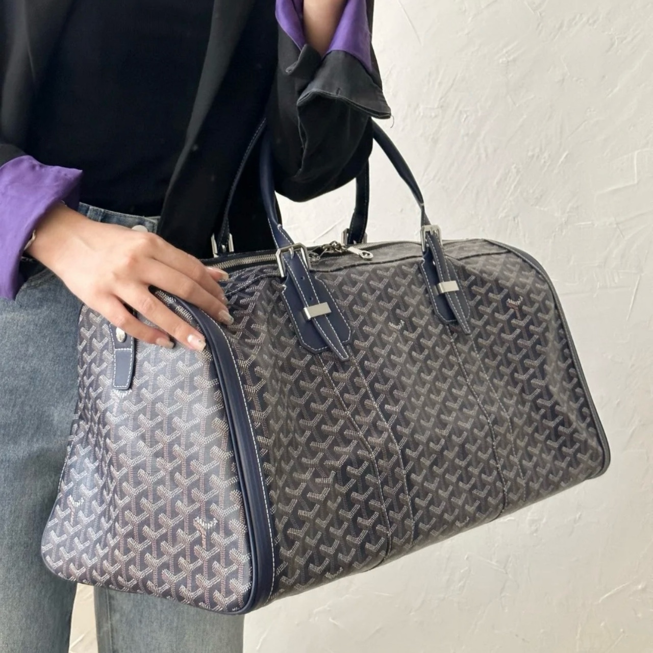 95新 Gaoy/戈雅 只盒/Goyard蓝花Keepall50手提斜挎旅行包