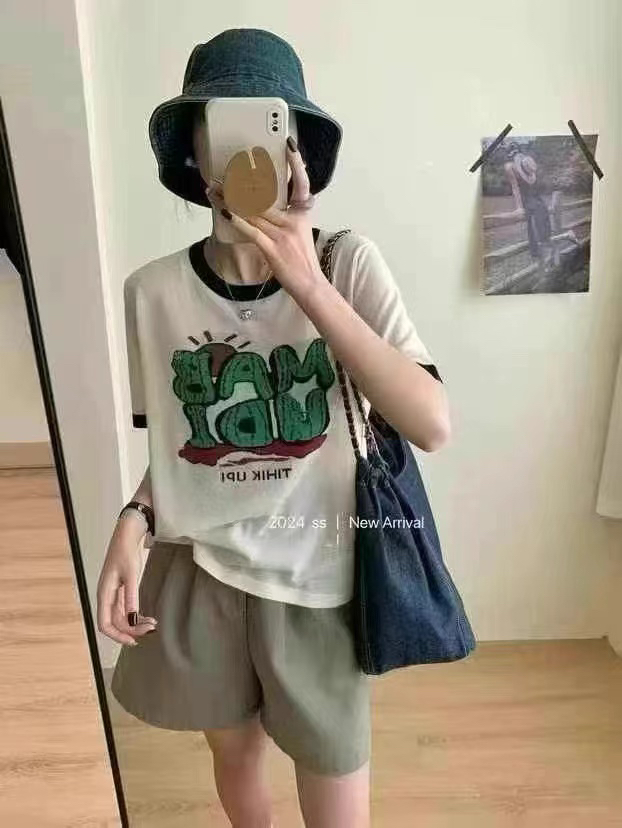 夏季短袖字母圆领提花女毛针织衫卡通绿色运动百搭女装显瘦