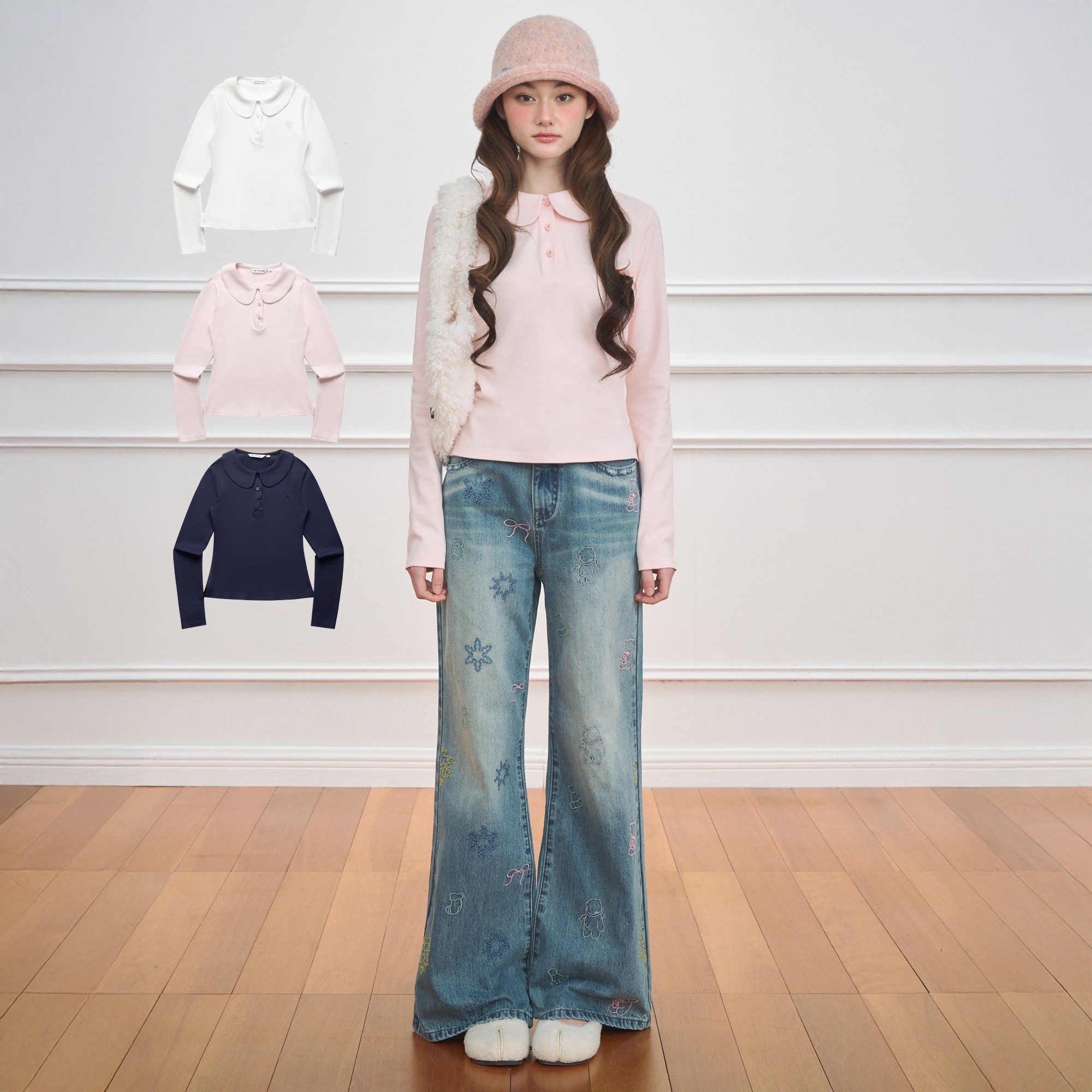 NECY 娃娃领正肩上衣女秋冬修身显瘦内搭学院风甜美长袖t恤打底衫