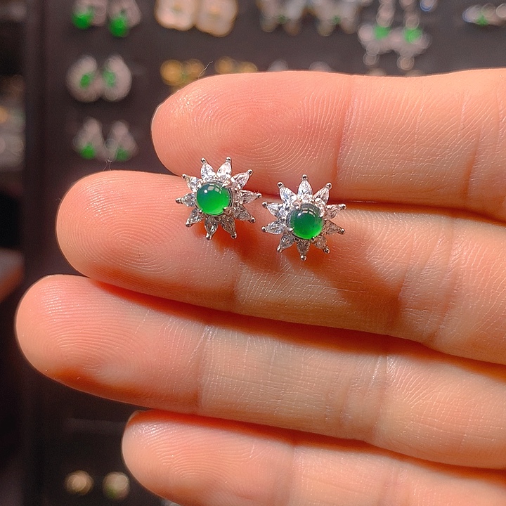 翡翠戒指银S925镶嵌耳钉