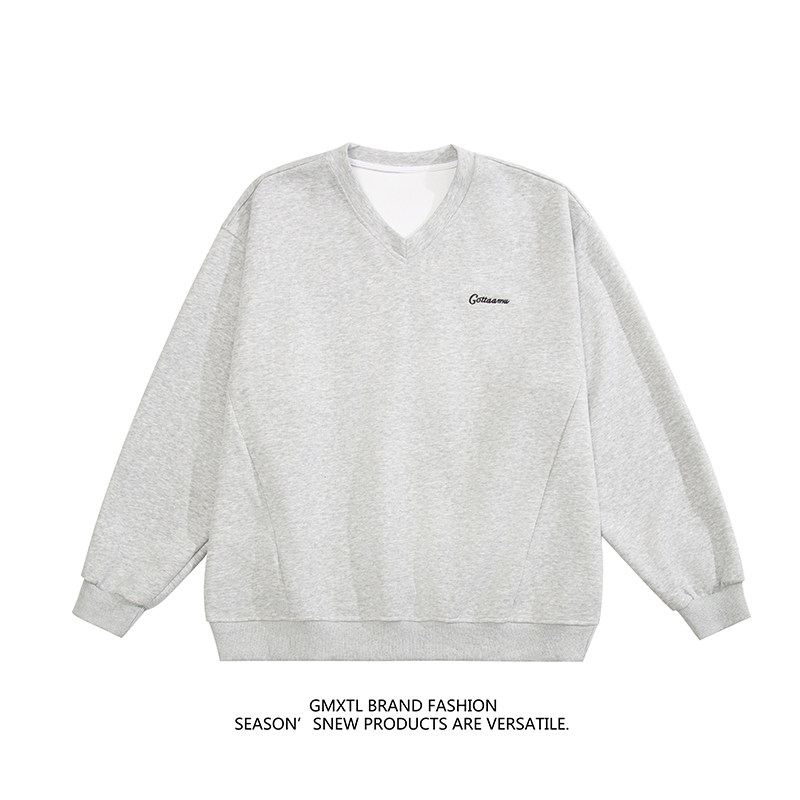 美式休闲刺绣v领卫衣男女情侣百搭休闲卫衣秋冬保暖上衣国潮