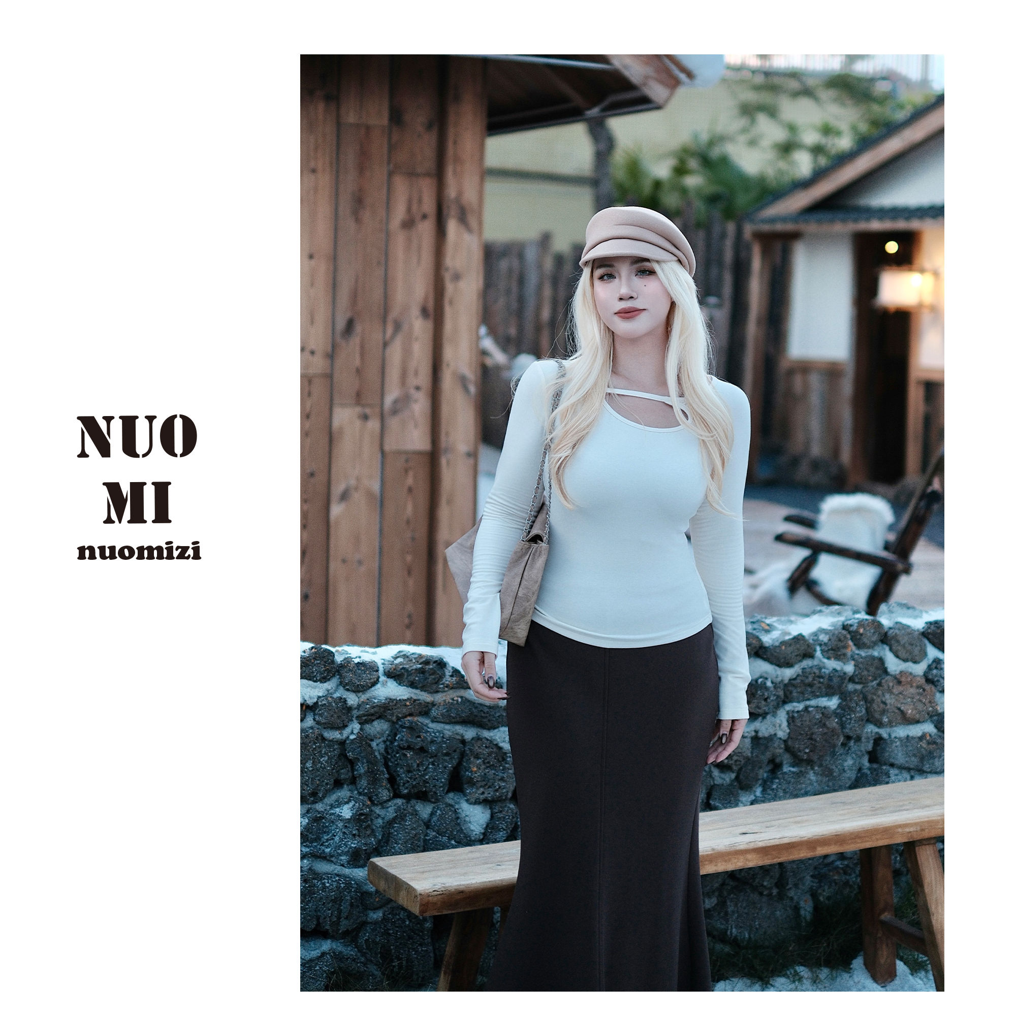 ZOZ糯米子[新引力]韩式T恤秋季新款复古镂空斜领设计感长袖上衣