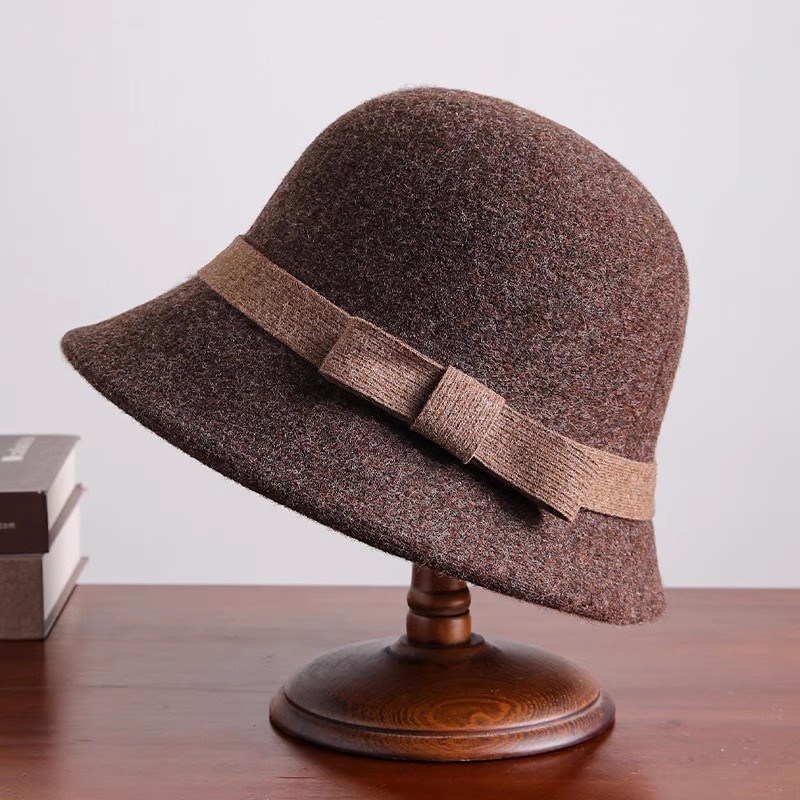秋冬女士中老年帽子保暖羊毛呢渔夫帽妈妈时尚百搭复古蝴蝶结盆帽