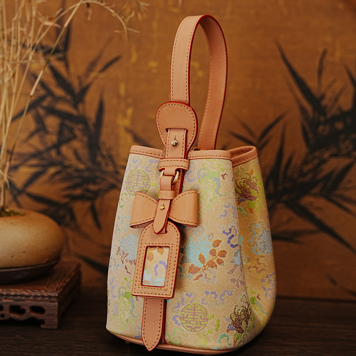 【allinbb】非遗名家上久楷明轩照影黑色金盏竹轩菜篮子TC牛皮包