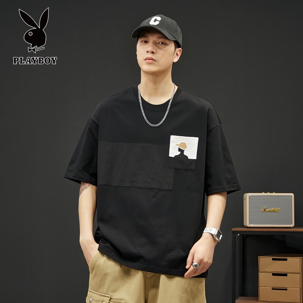 PLAYBOY/花花公子夏季男士新款青年美式圆领休闲宽松拼接短袖t恤