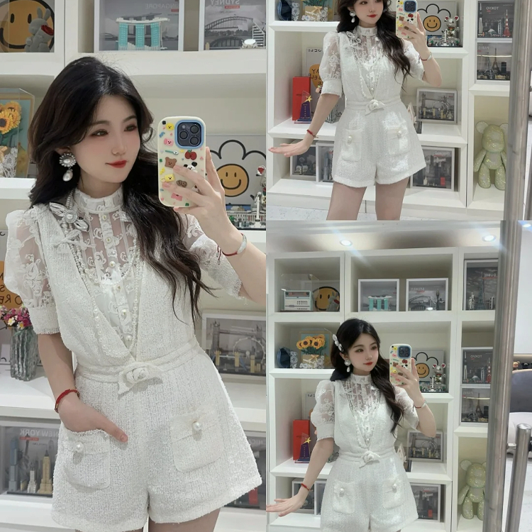 LIULIU 白色蕾丝绣花衬衫高级感小香风收腰设计感连体裤25夏新款