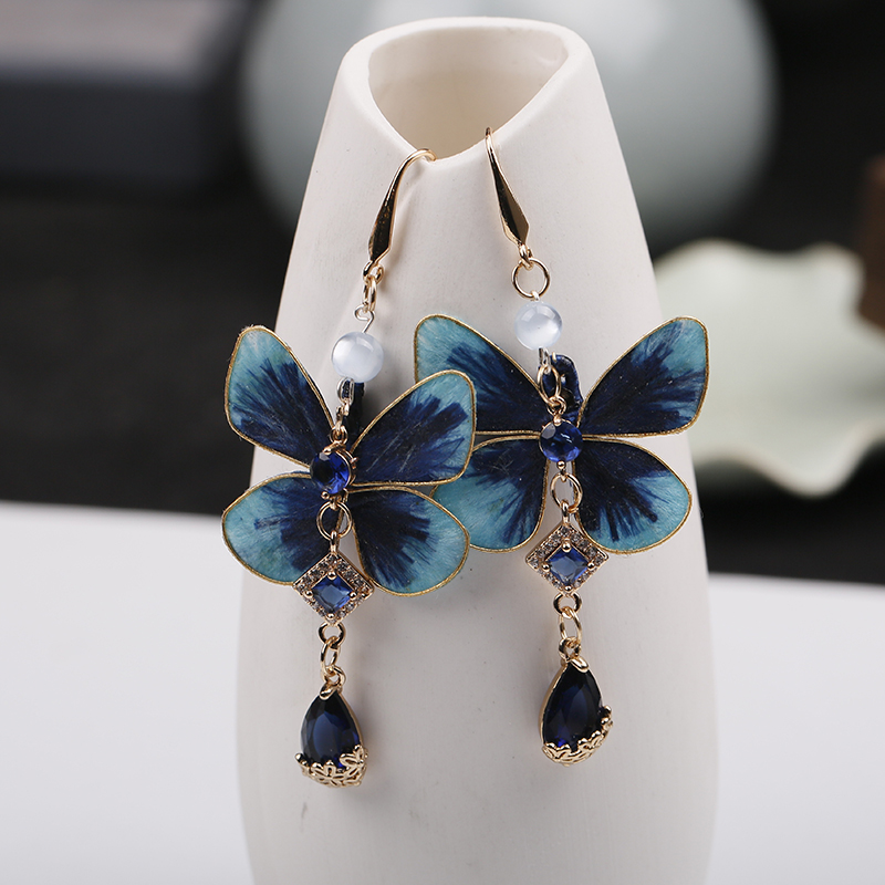 纯铜耳饰 如梦笙嫣 绒花锆石蝴蝶耳环耳夹系列手工制品默认微瑕