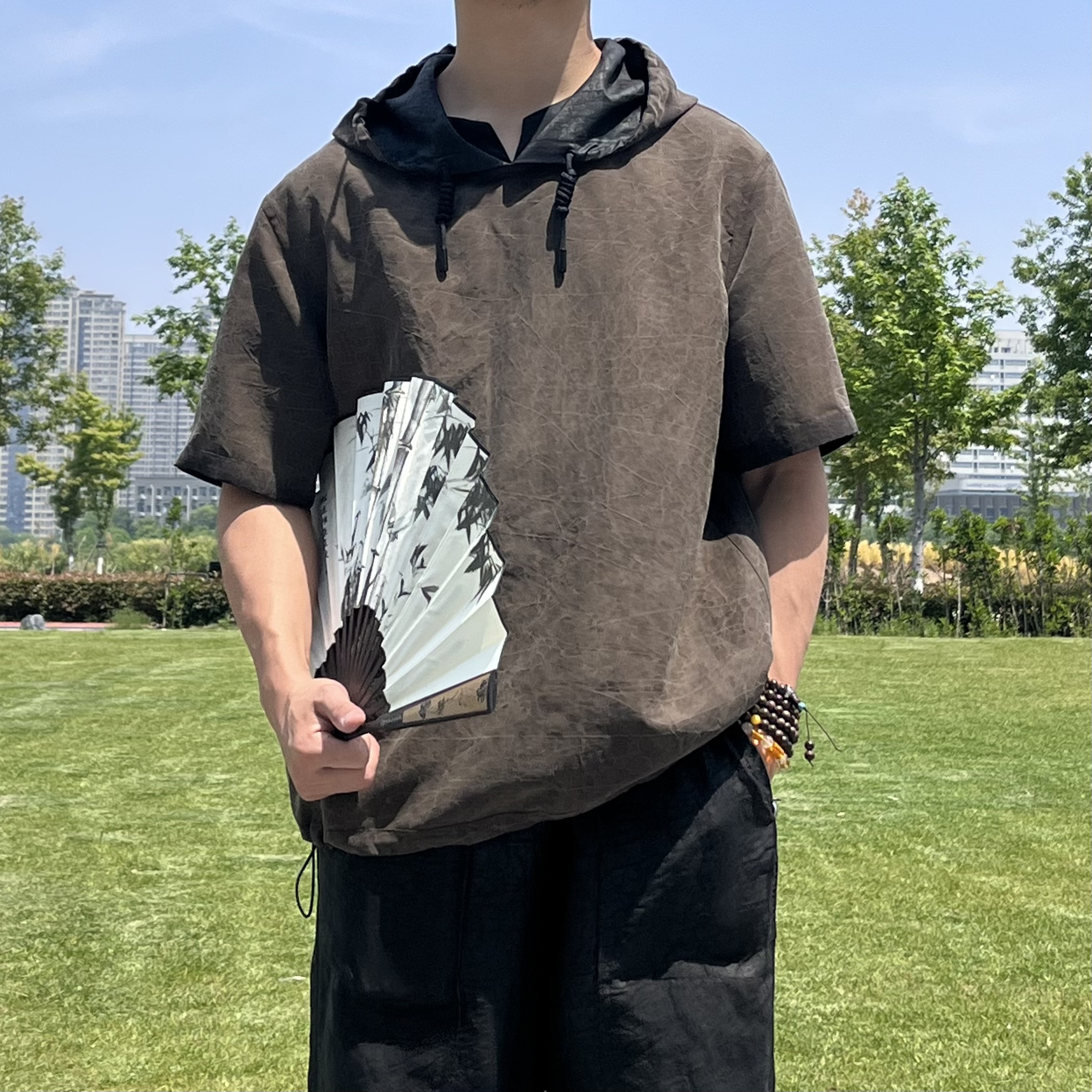 男士100桑蚕丝香云纱宽松休闲夏季薄款帽款潮流短袖