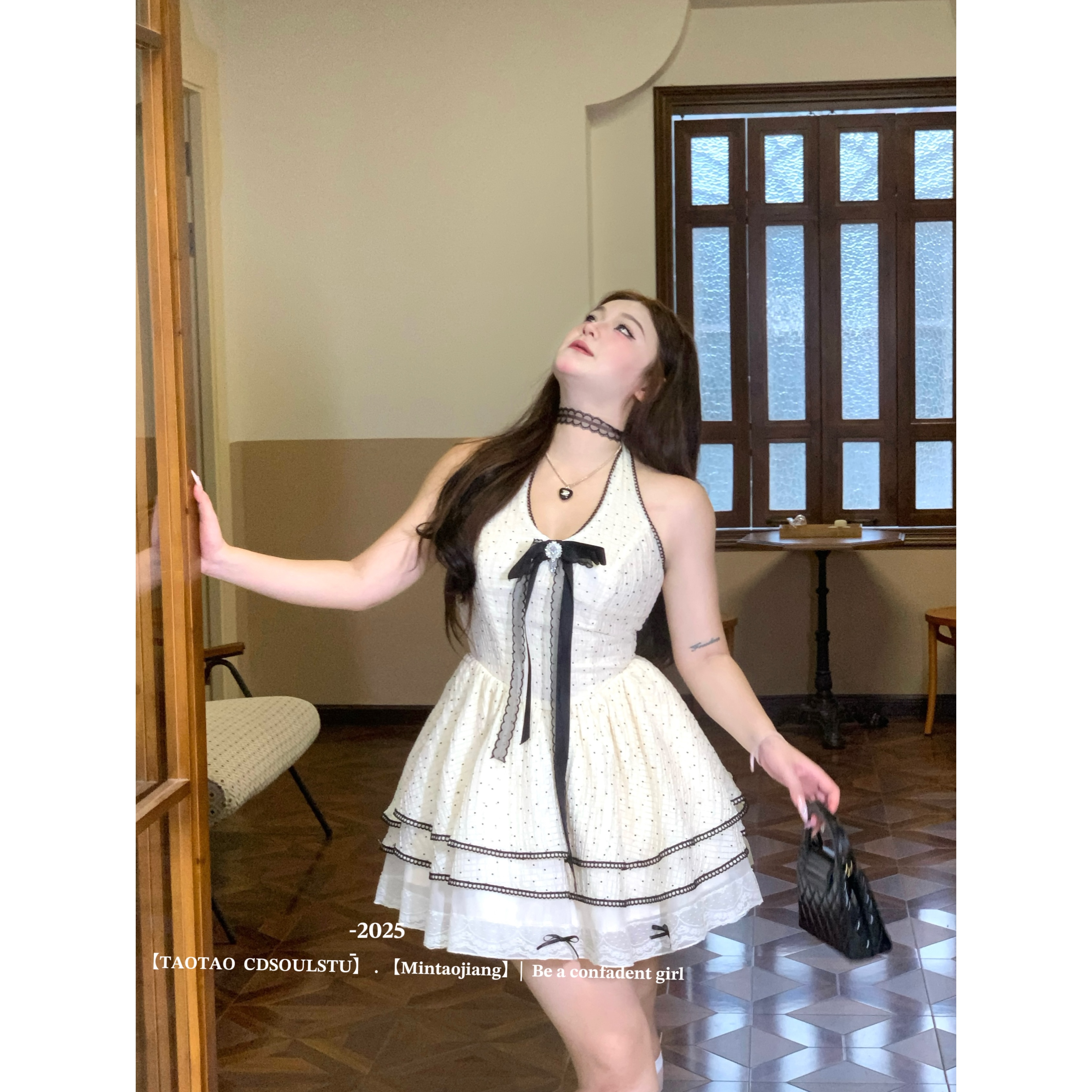 SWEET【香雾白茶】微胖千金甜妹精致波点挂脖蝴蝶结蓬蓬蛋糕连衣裙