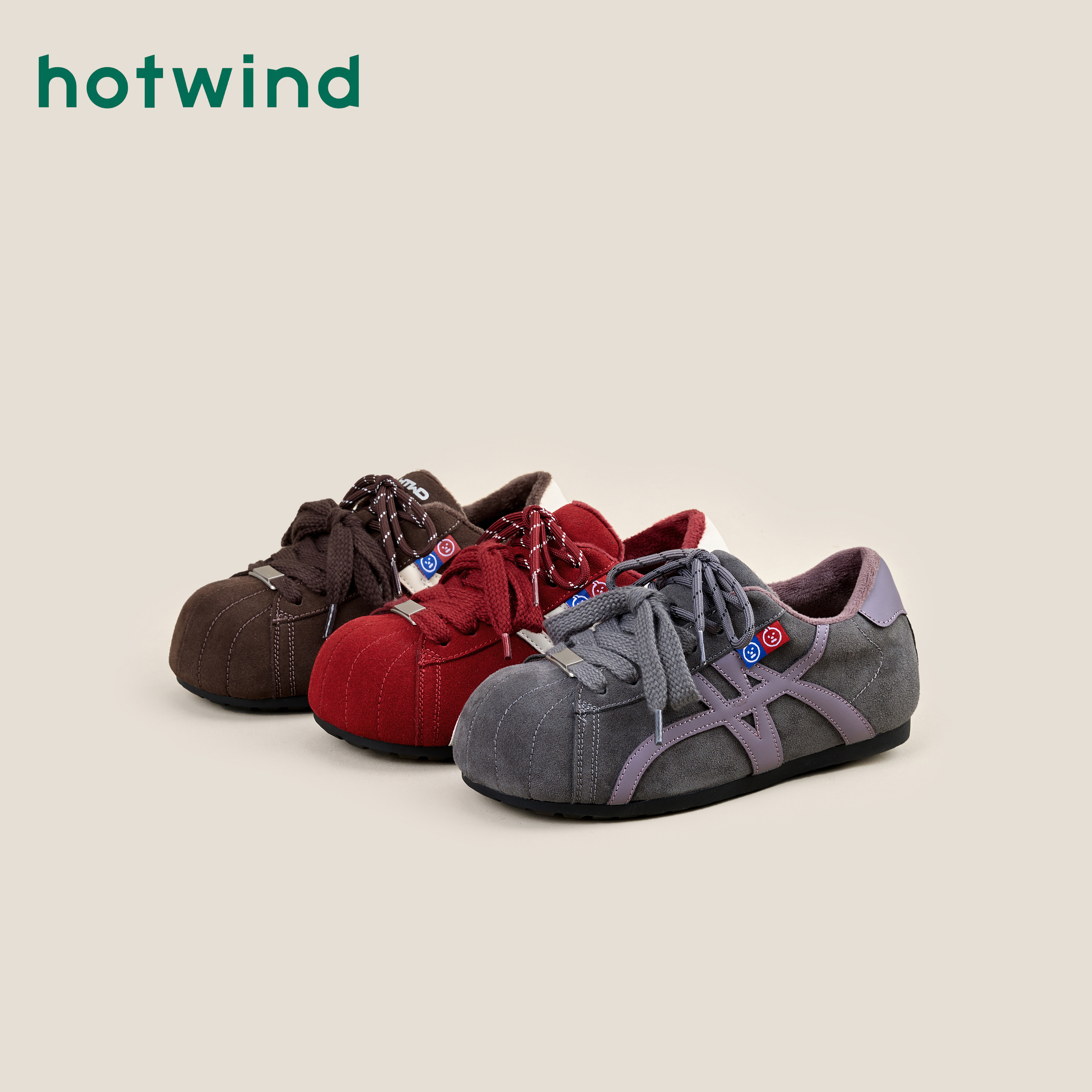 Hotwind/热风复古加绒德训鞋女2025冬季新款平底防滑运动休闲鞋