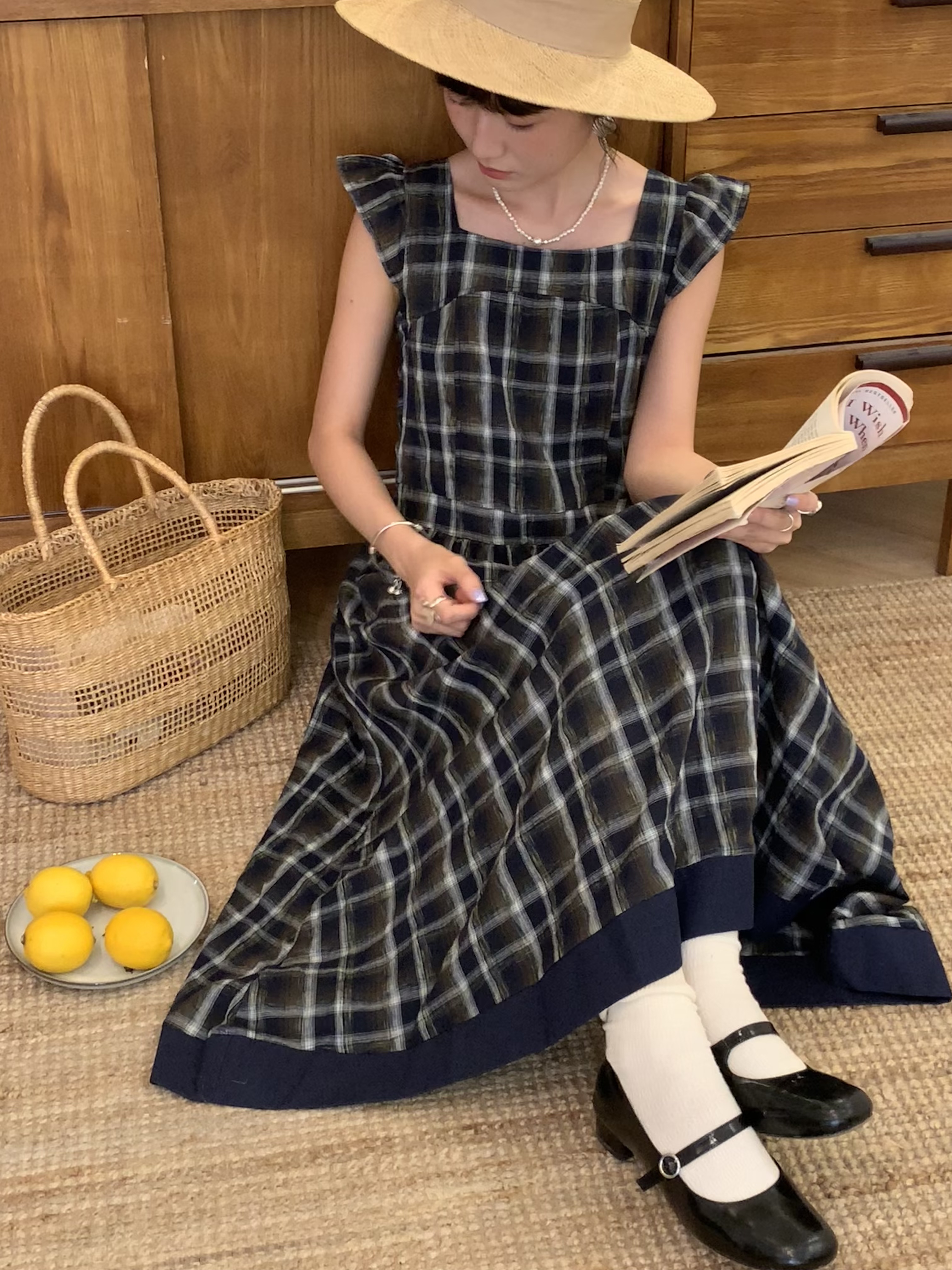 秋屿moment 夏季百搭格子小飞袖连衣裙