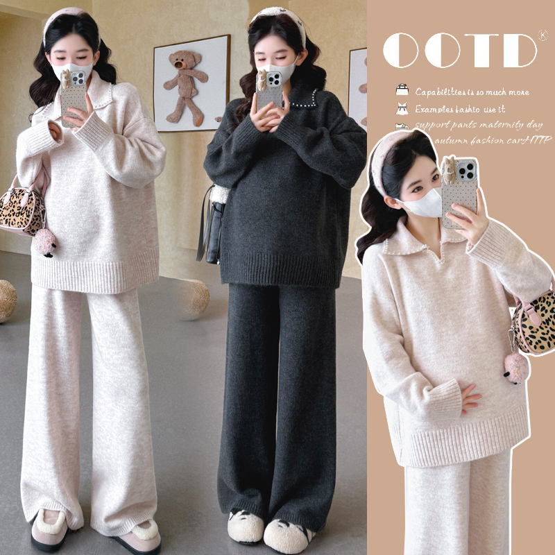 孕妇套装2025秋冬新款加厚翻领v领钉珠套头毛衣阔腿裤休闲两件套
