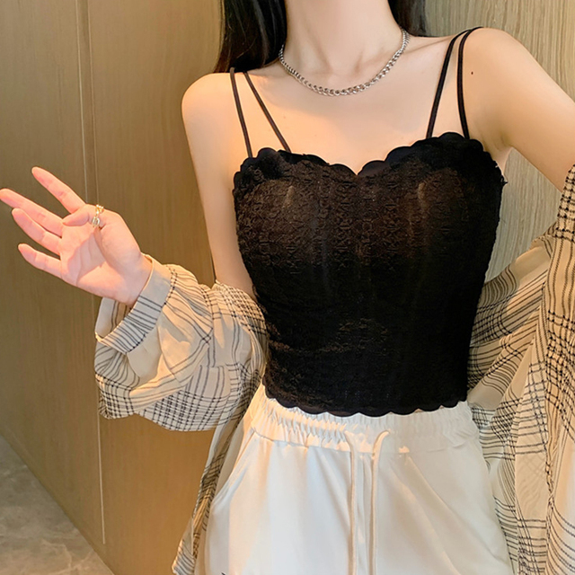 法式别致蕾丝花边小吊带背心女夏内搭带胸垫美背文胸一体打底上衣