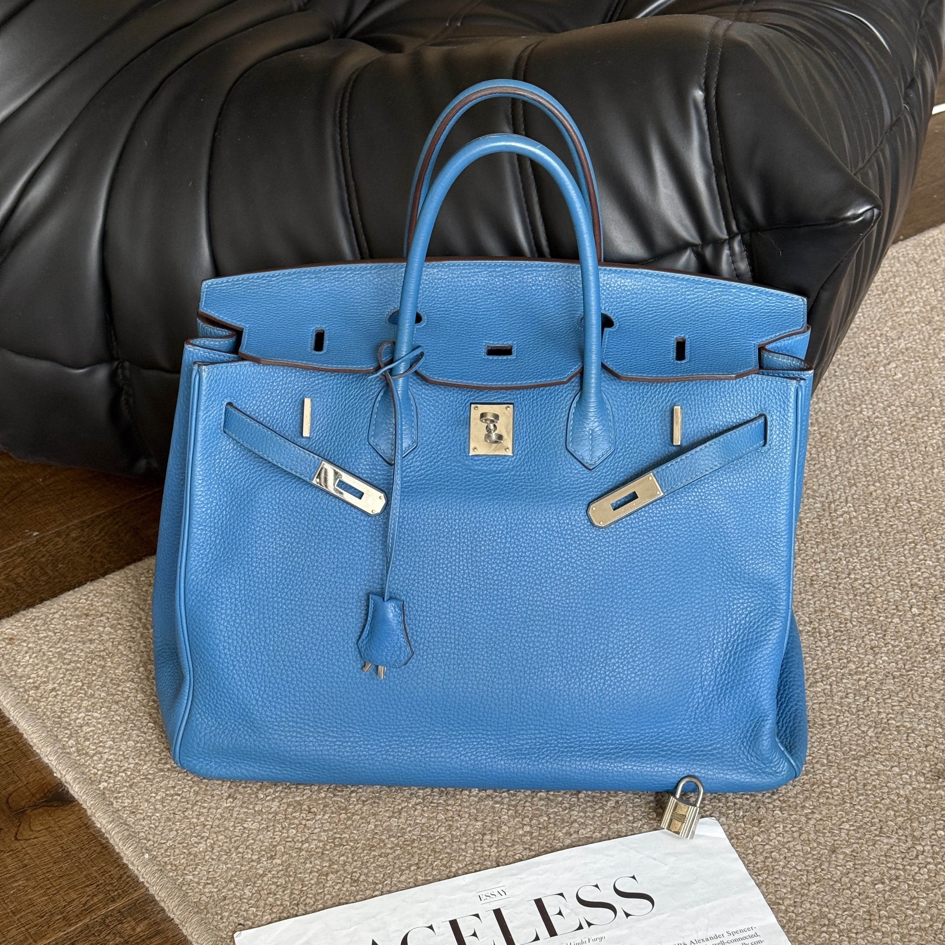 95新 Hermes/爱马仕 牛仔蓝Togo皮银扣Birkin40内缝手提包41736