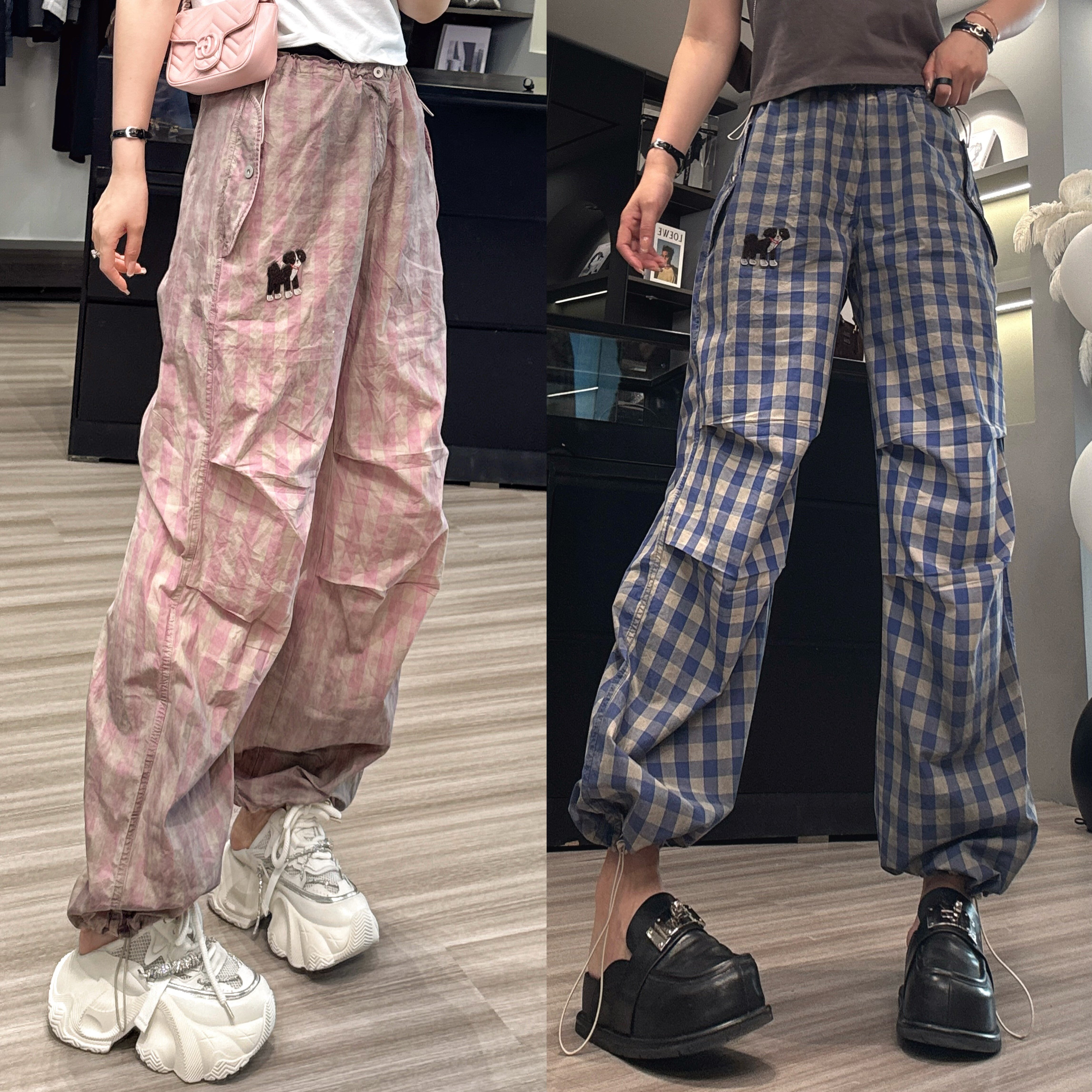 休闲裤女2025夏季新款设计感做旧格子小狗贴布抽绳束脚裤高腰长裤