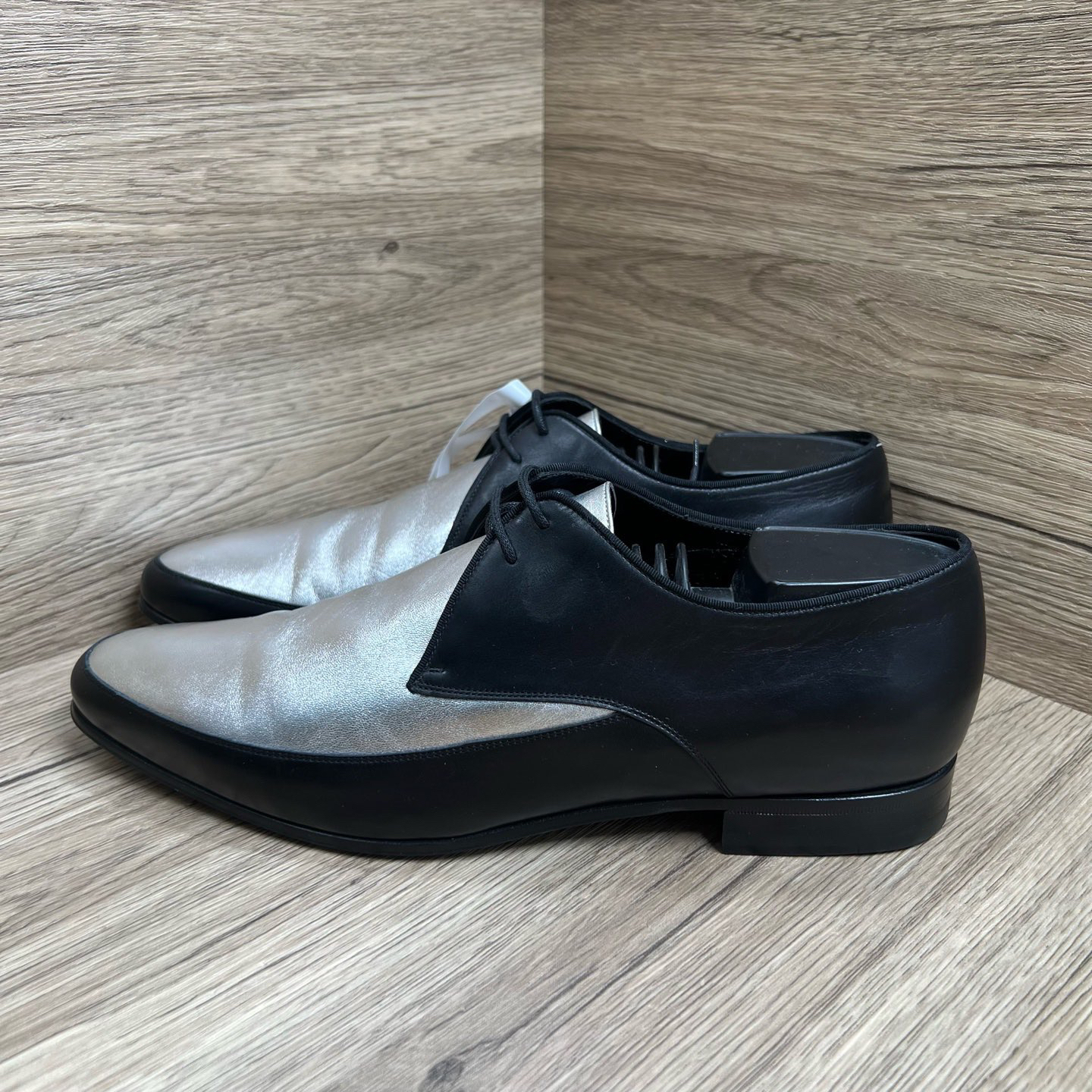 95新 YSL/圣罗兰 黑银尖头皮鞋 41码