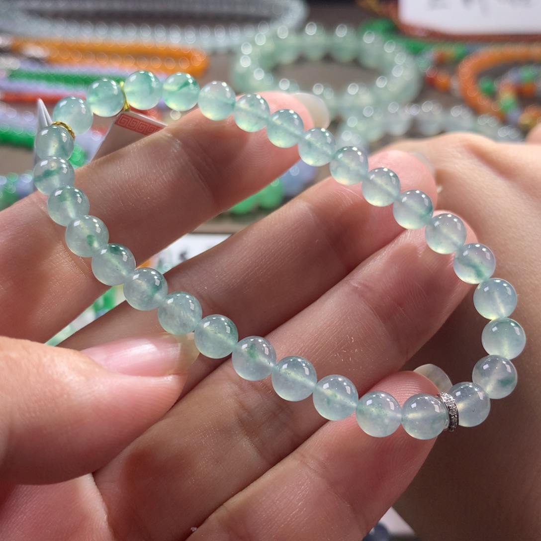 翡翠未镶嵌手链翡翠玻璃钢飘蓝绿卡5.80+