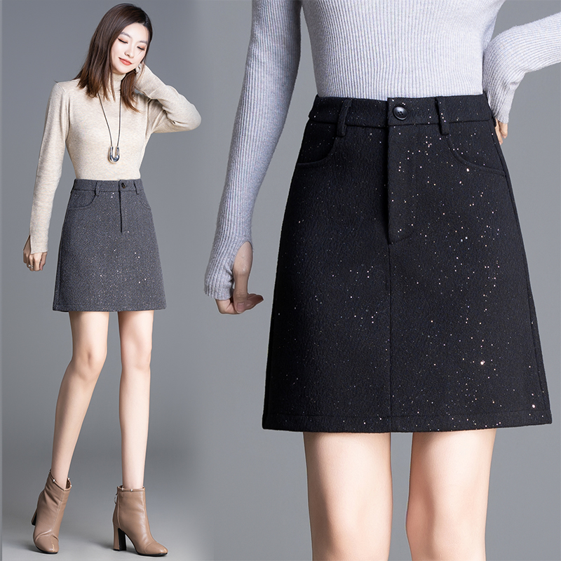 毛呢亮片半身裙女秋冬新款高腰a字裙小个子气质显瘦闪闪包臀短裙