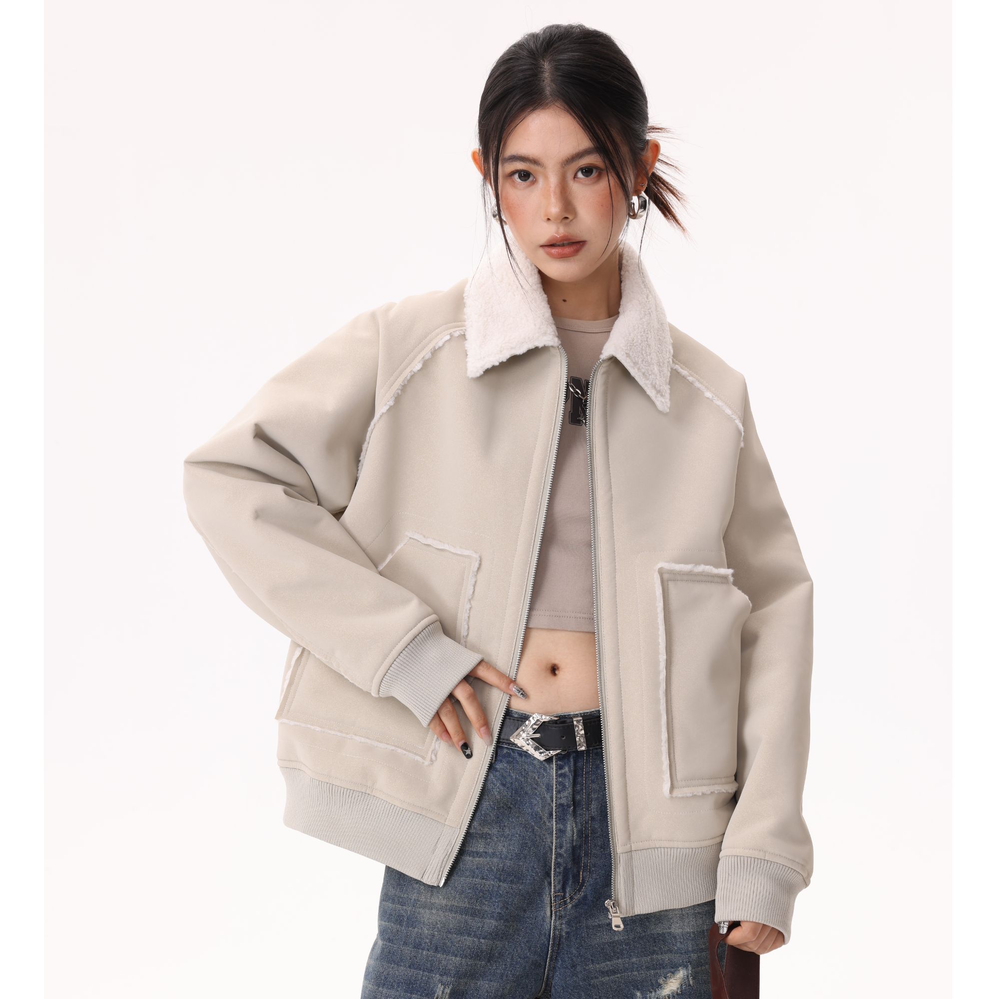 美式复古高级感PU皮羊羔绒一体毛边设计加绒加厚飞行员外套