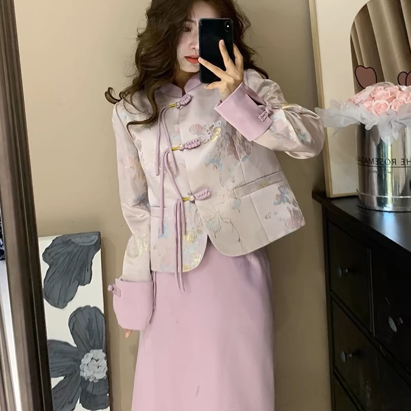 YY繁花套装粉色中式复古外套女盘口A字半身裙套装碎花两件套-1