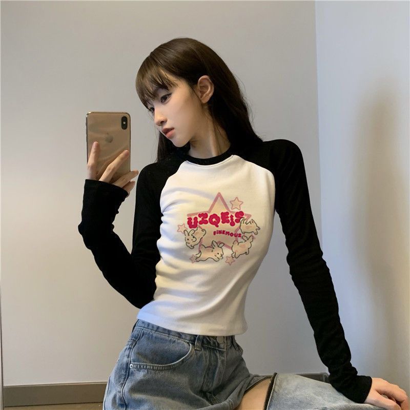 甜美风美式复古正肩撞色长袖t恤女款潮牌修身短款内搭打底衫上衣
