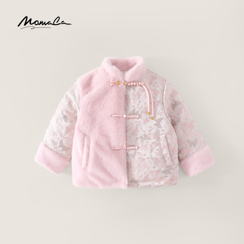 MOMOCO冬季新款女童撞色拼接国风毛毛夹棉外套演出服75830101203