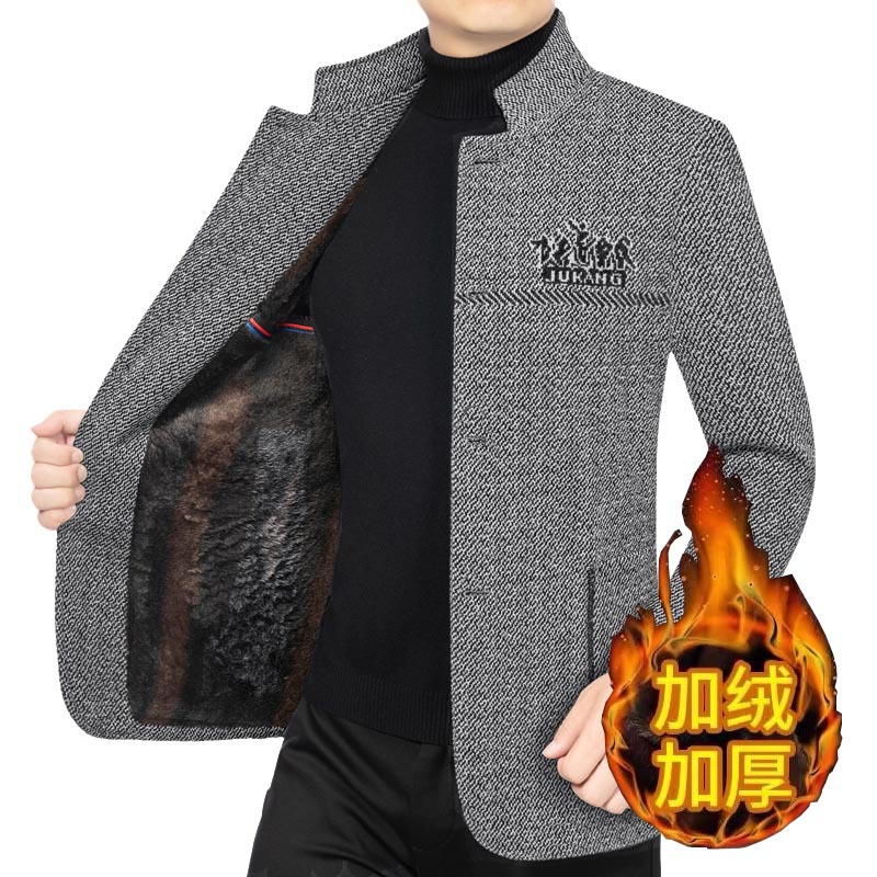 冬季新款加绒加厚男立领雪尼尔外套爸爸装休闲立领保暖中年上装