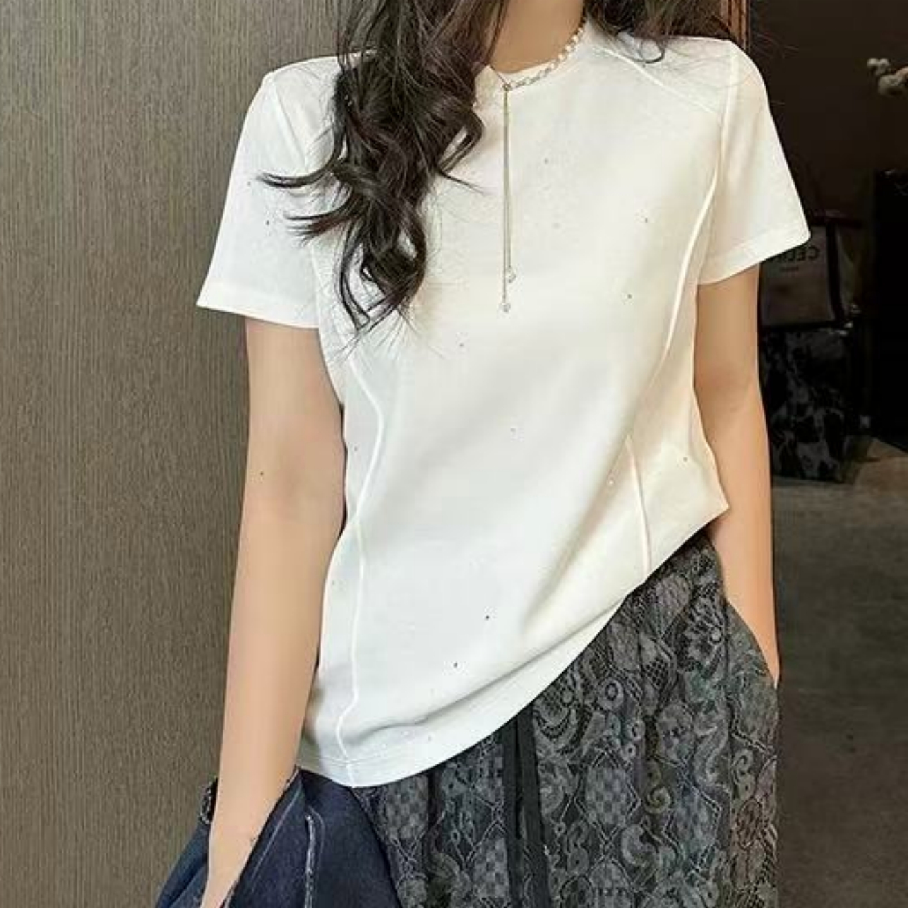 Manmi 鱼骨线立体剪裁满天星短袖T恤 8035（C7）