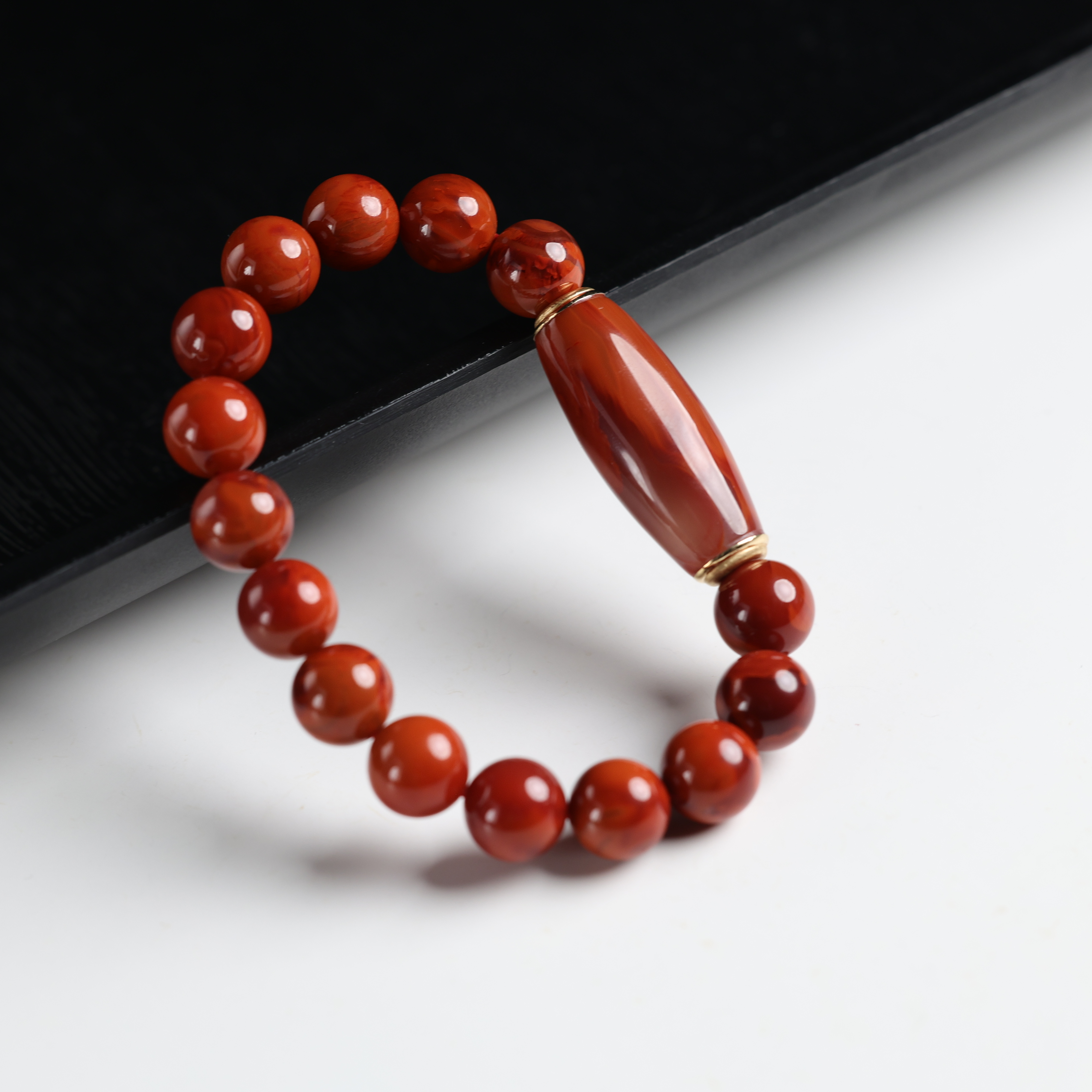 "寿"原创设计精品天然原矿南红火焰纹桶珠10mm手串