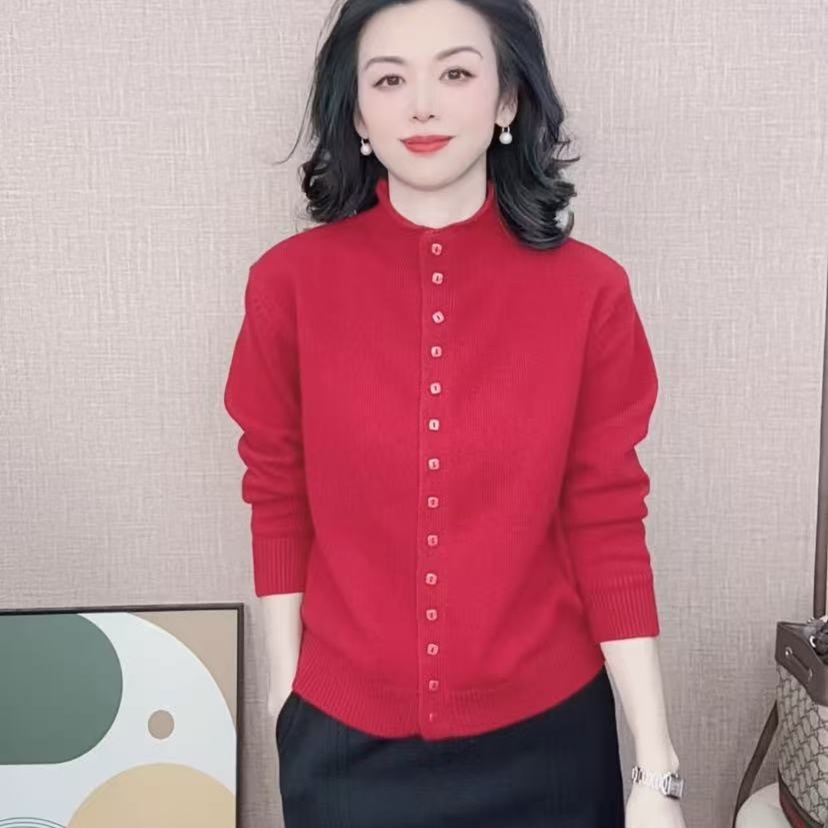 秋冬浣熊绒纯色时尚洋气百搭气质立领红色长袖针织开衫毛衣女
