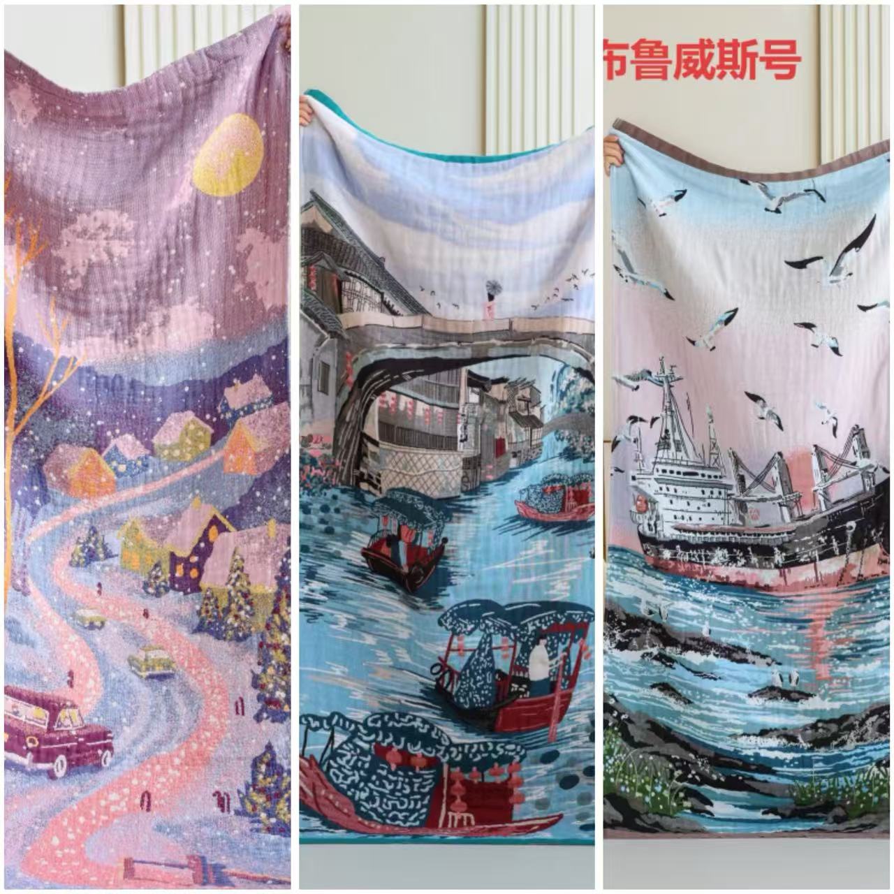 【品牌·原装】75*160加厚吸水亲肤浴巾-雪乡 水上人家 布鲁维斯号