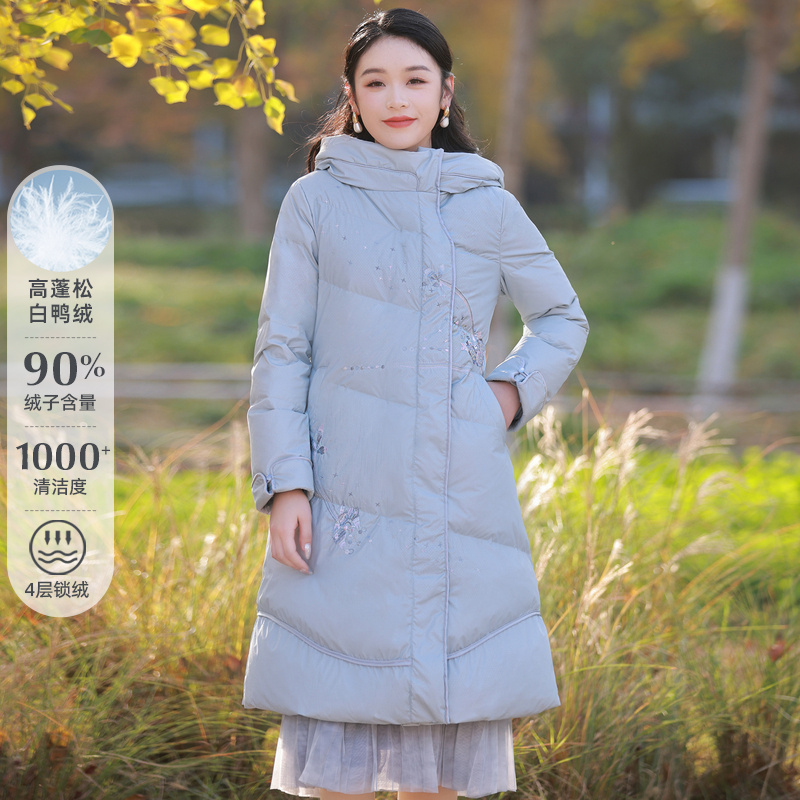 烟花烫中国风连帽羽绒服女新款气质加厚保暖中长款外套 艾茵