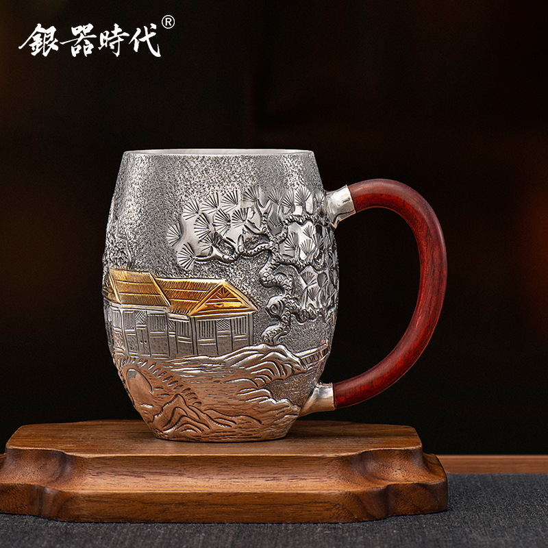银器时代足银手工镀金錾刻山水金屋银水杯家用大容量茶缸杯