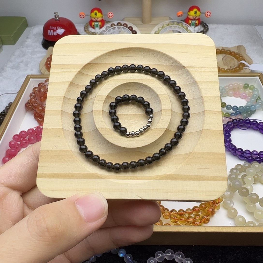 水晶手串未镶嵌黑耀石手串戒指小眯数套组