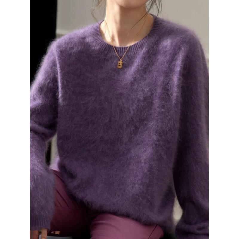 100山羊绒拉绒毛衣女宽松简约圆领套头羊绒衫