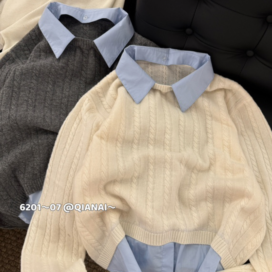 韩版经典衬衫领假两件麻花羊毛毛衣女2025冬季新款时尚百搭上衣潮