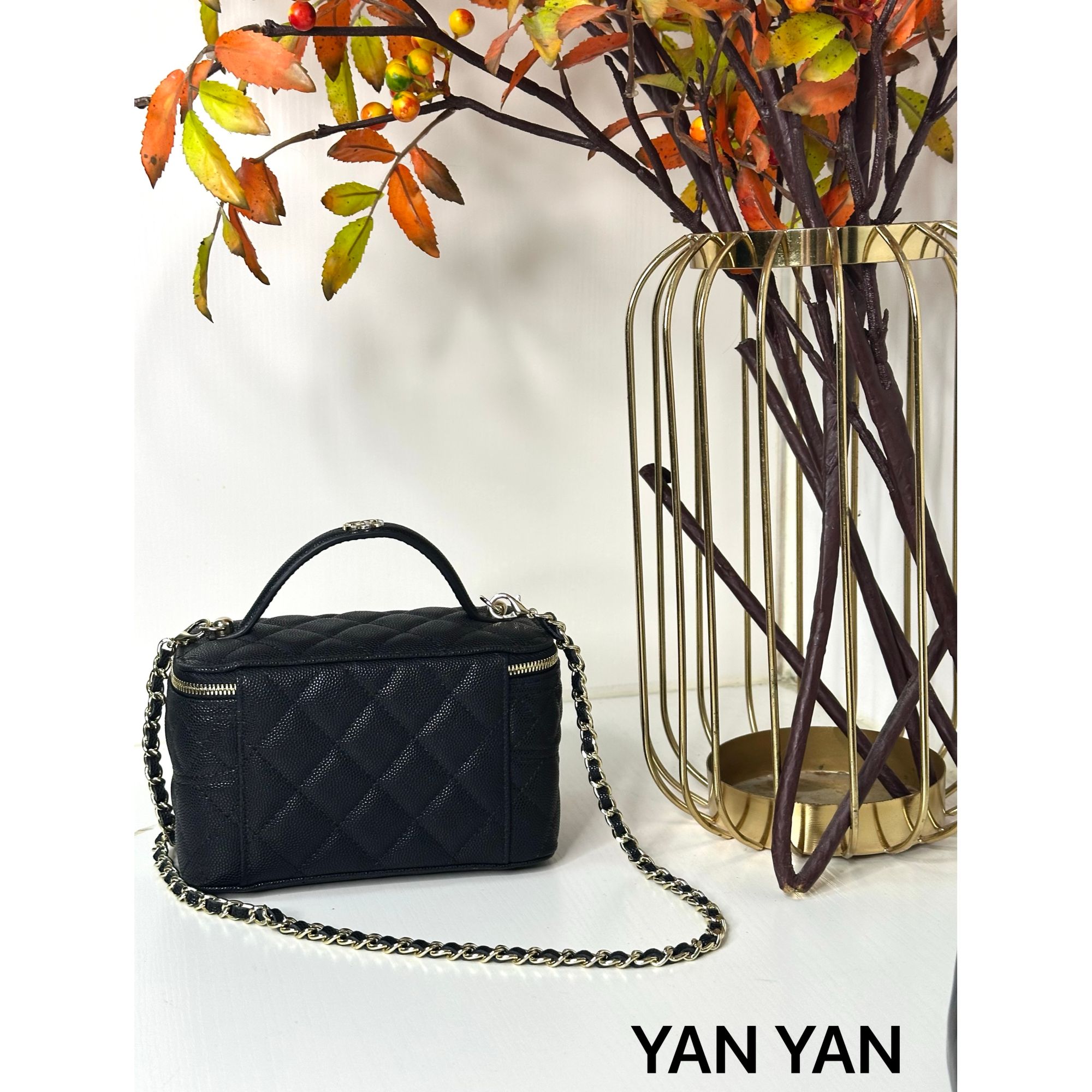 盐盐【XX-化妆包】手提包小香风时尚黑色中古单肩菱格奢侈真皮