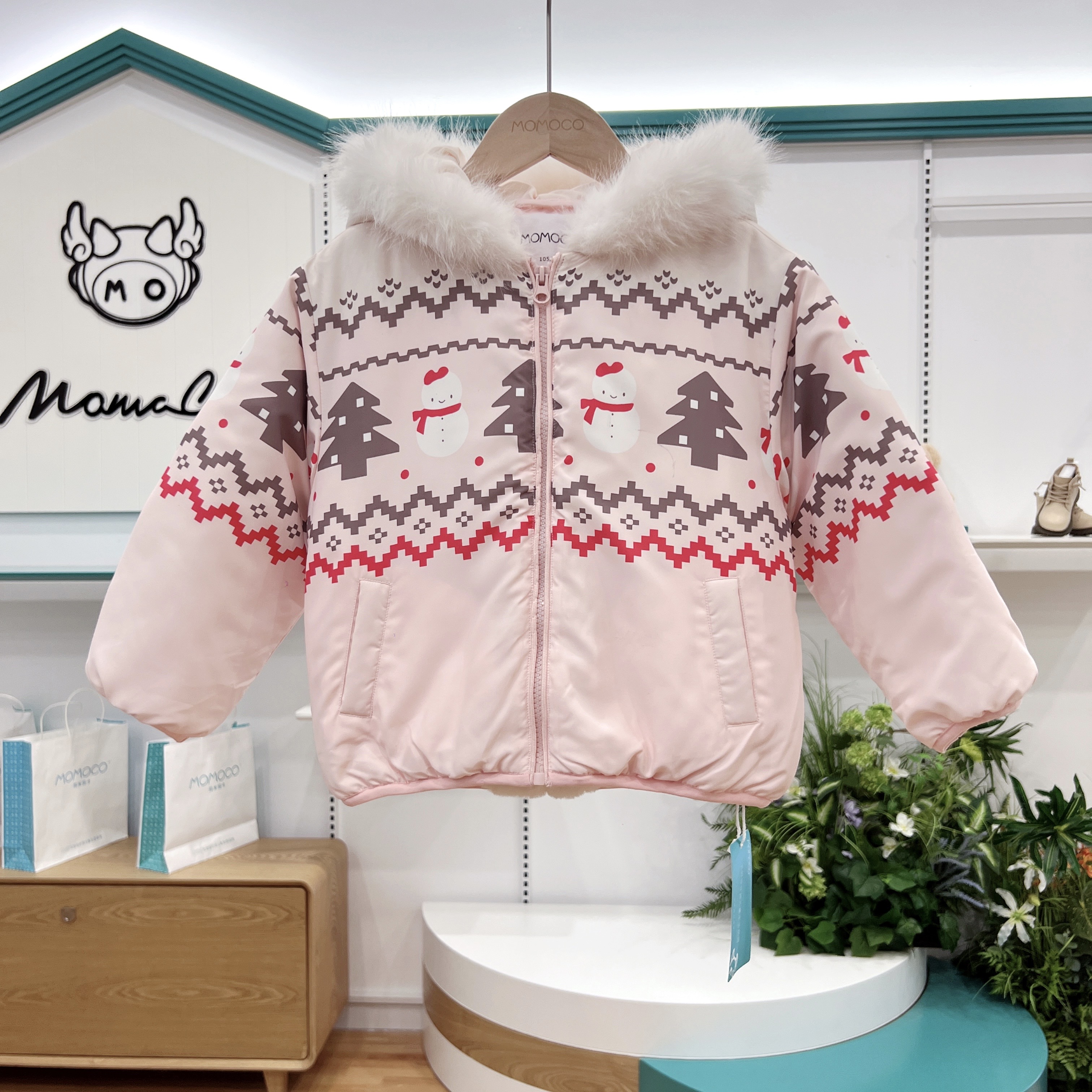 MOMOCO女童冬季新款时尚复古圣诞印花连帽棉服外套77830100824