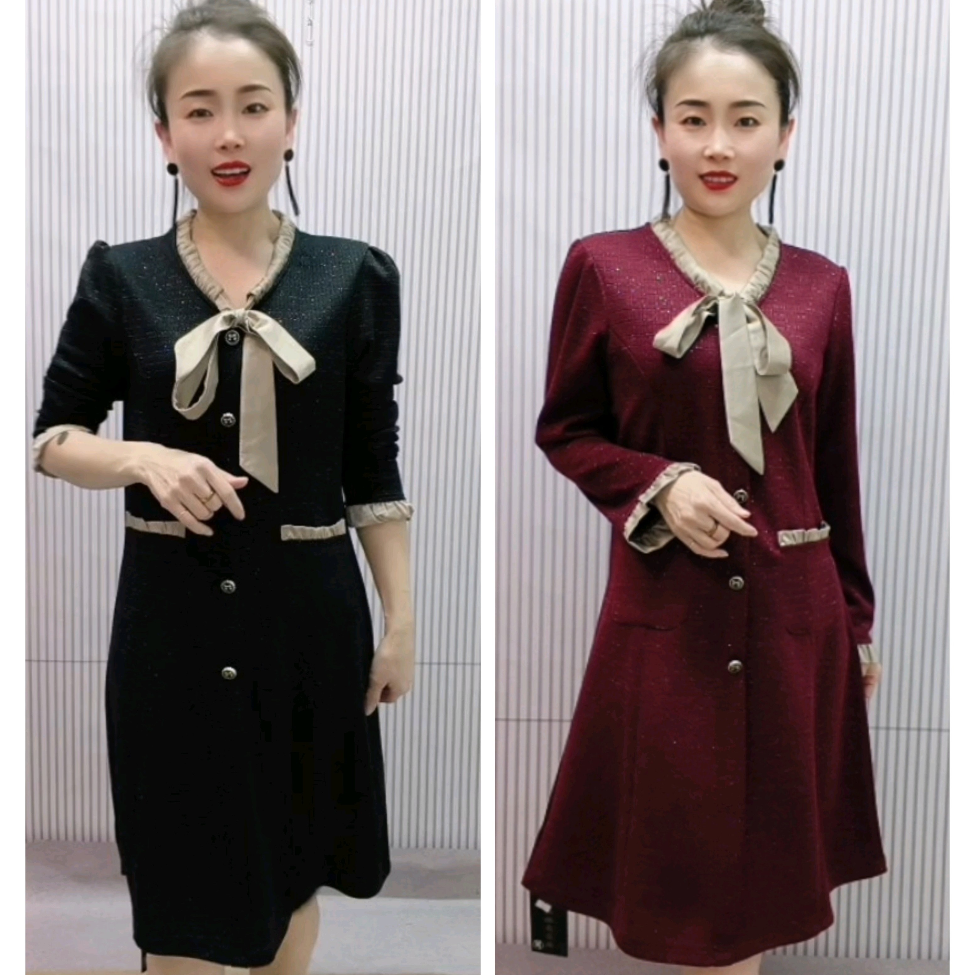 早春时尚气质香风连衣裙名媛长袖新款蝴蝶结设计显瘦连衣裙