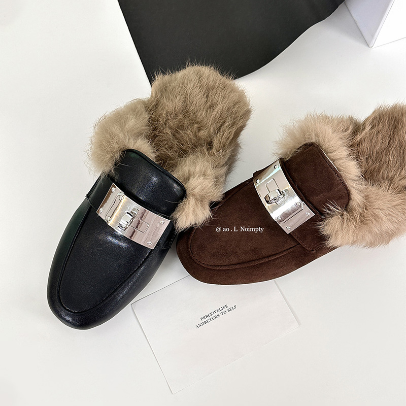 3.5cm牛皮包头内增高真皮真毛包头拖金属装饰秋冬女气质懒人拖鞋