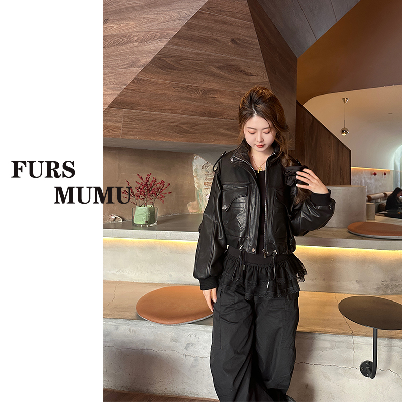 【MUMU】植鞣绵羊皮 黑色真皮皮衣外套女短款皮夹克洋气小皮衣-2523