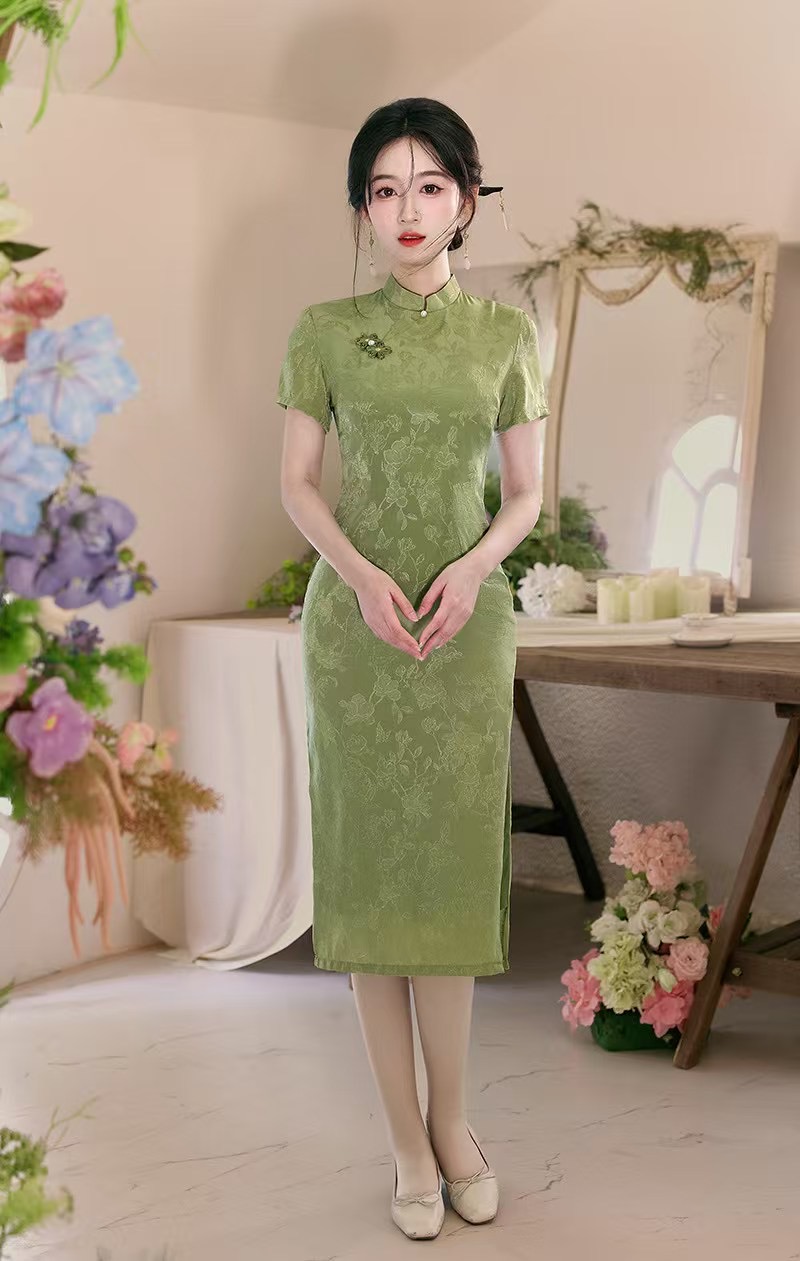 【麦麦-绿花】2025新款中国风送考绿色一路绿灯年轻气质改良中长款