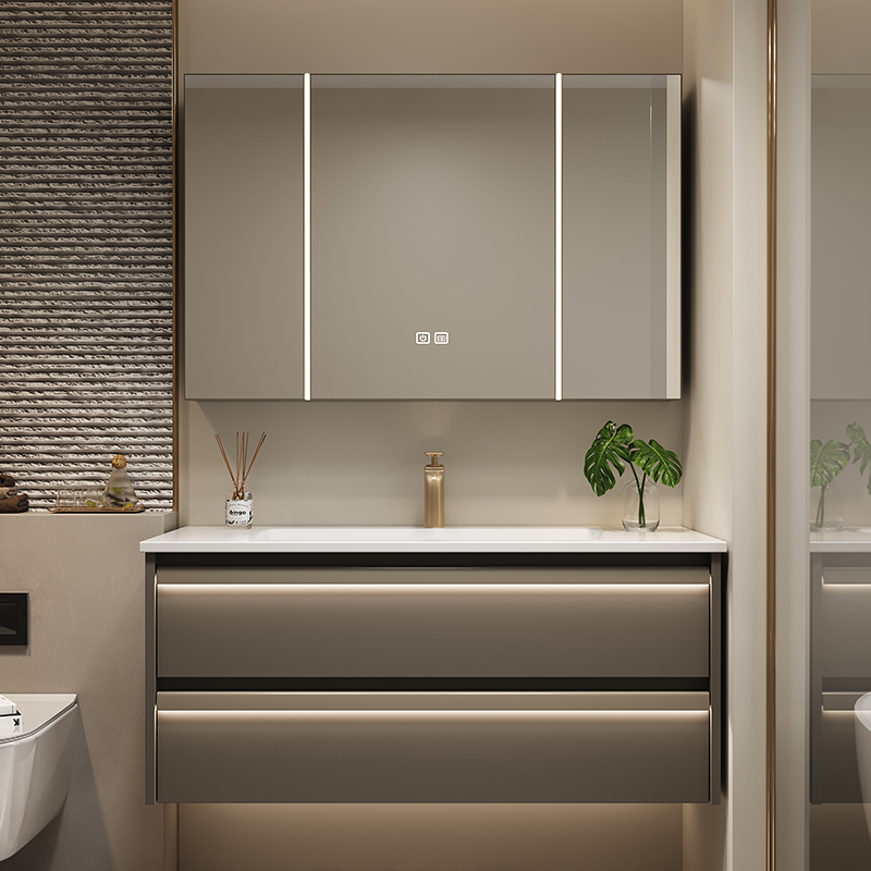 意式极简金属漆橡木浴室柜陶瓷一体盆水晶镜前灯新款洗手台洗漱柜