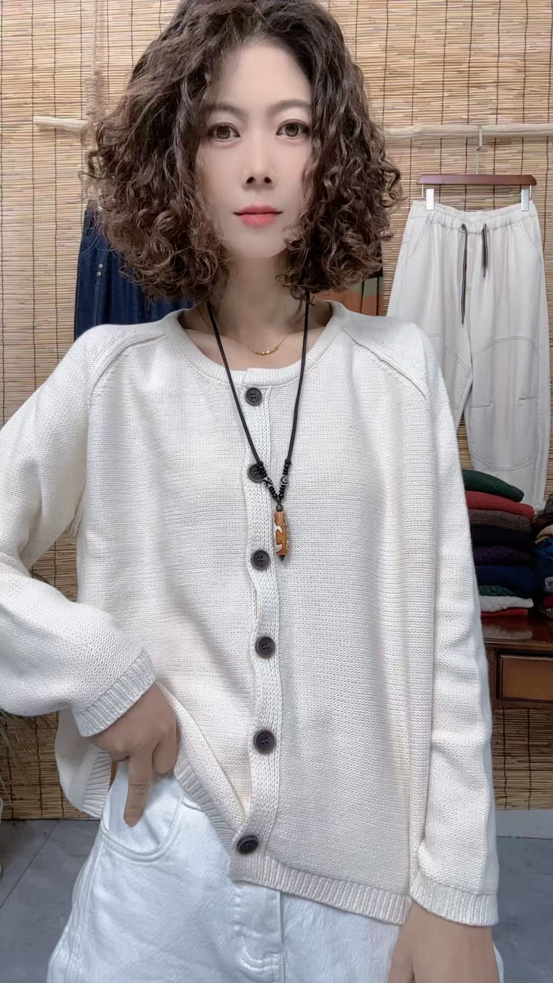 青禾-时尚百搭韩版小众棉线净版针织毛衣外套MZ1819