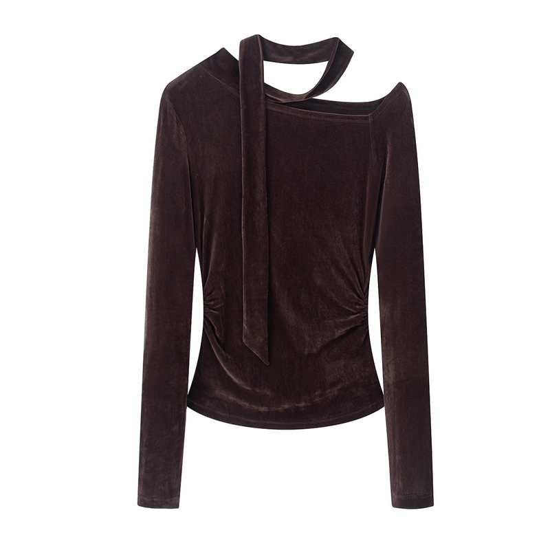 艾2026春新款复古飘带一字领褶皱丝绒针织衫女小蛮腰上衣1134