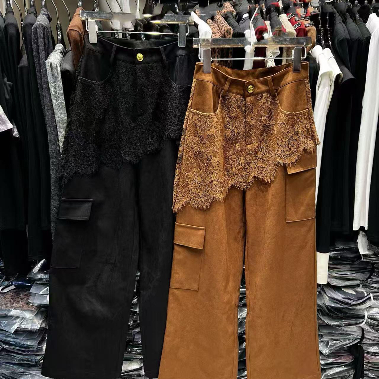 DA-J 秋冬款休闲皮长裤拼接蕾丝屁帘气质显瘦日常百搭弯刀裤