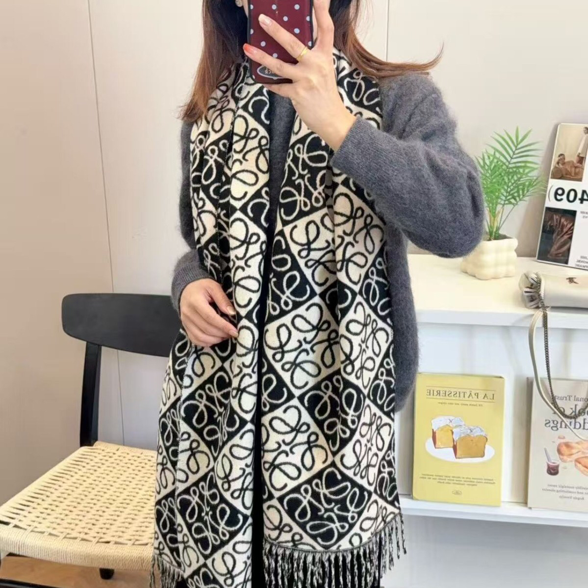 3色/窄版45厘米宽/涂鸦伊维花双面羊绒围巾秋冬保暖时尚百搭披肩