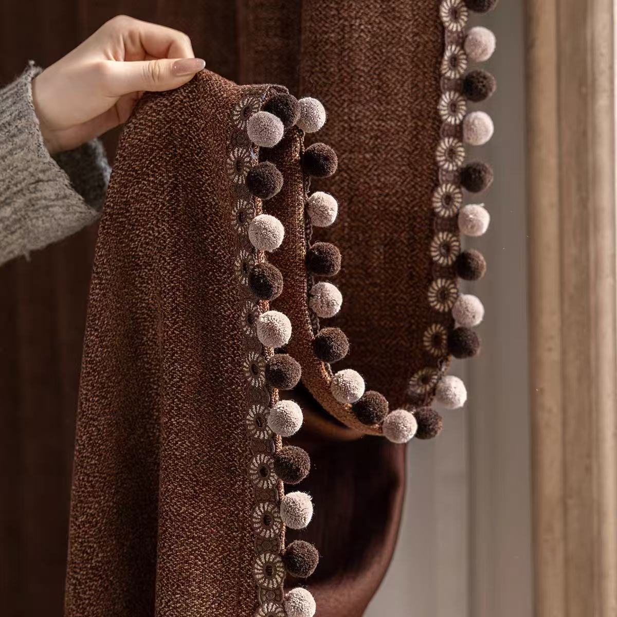 奥薇窗帘花边法式复古美拉德精致刺绣焦糖色双色毛球美式辅料配件