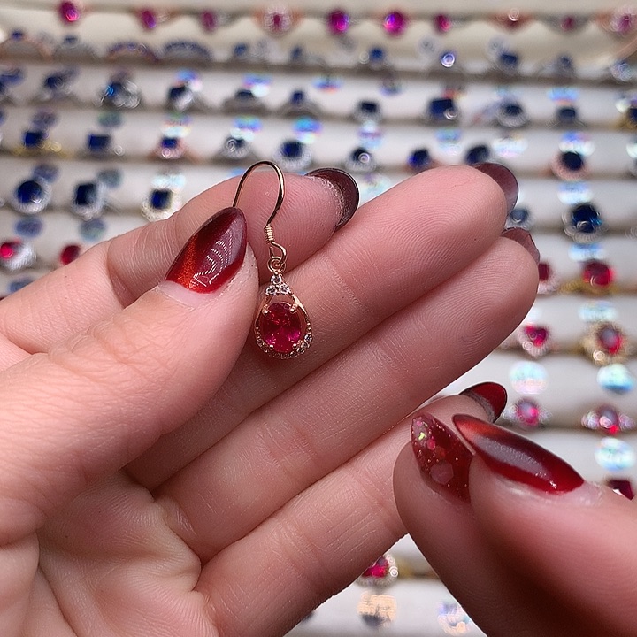 红宝石耳饰银S925镶嵌1