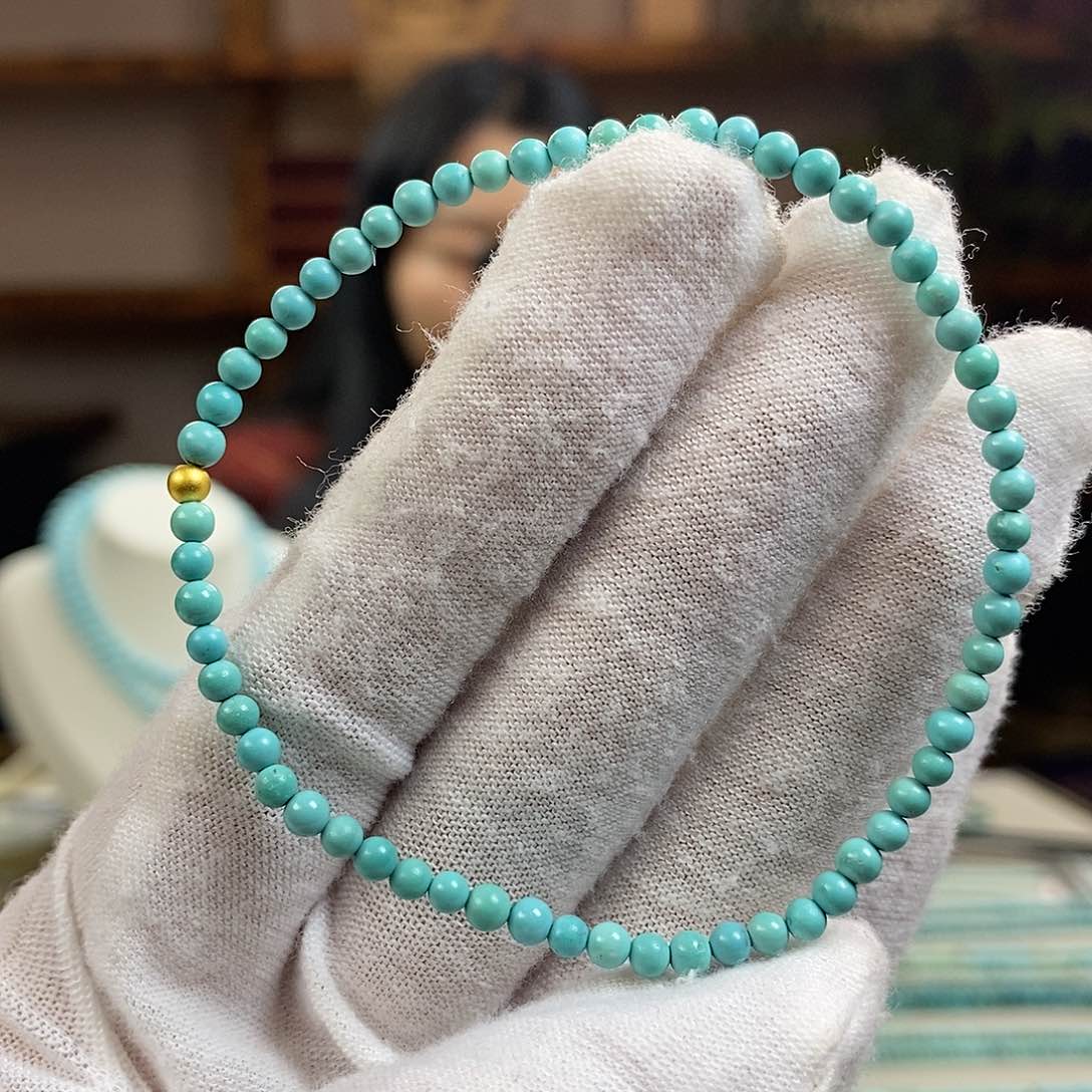 绿松石A5小绿珠瓷釉级卡4+银S925镀金镶嵌